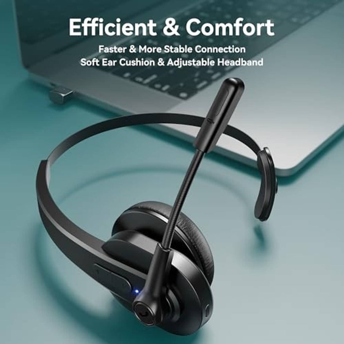 Black single-ear Bluetooth headset with adjustable boom microphone
