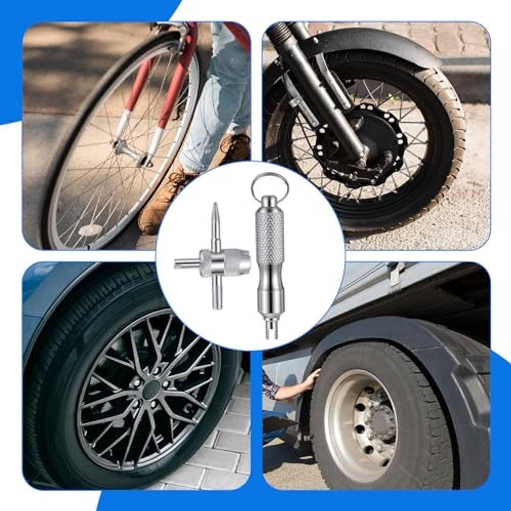 Valve stem tool keychain shown for tire valve work on car and bike wheels