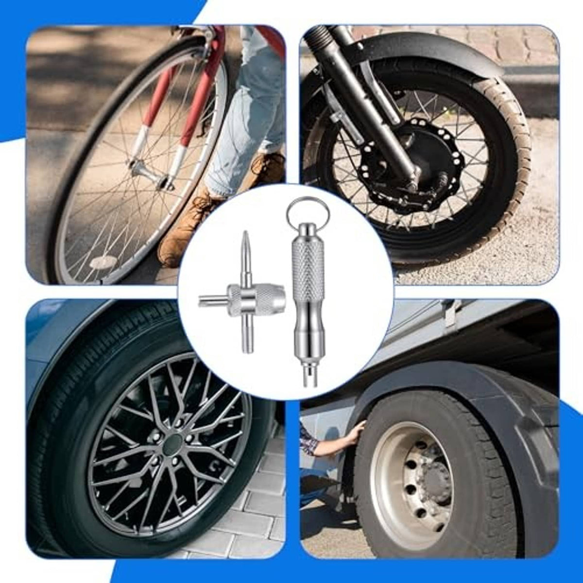 Valve stem tool keychain shown for tire valve work on car and bike wheels