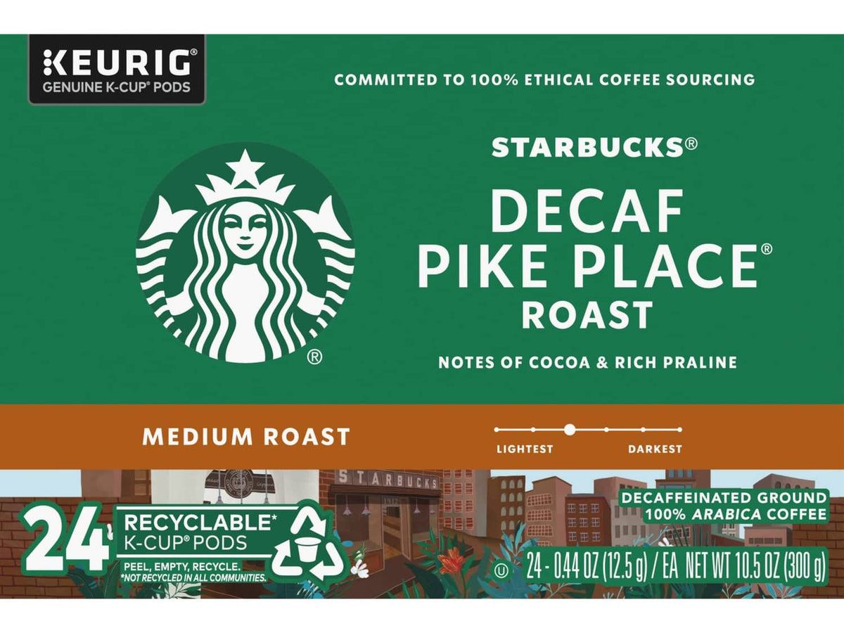 Starbucks Decaf Pike Place K-cup pods box front, large logo, medium roast, 24 count