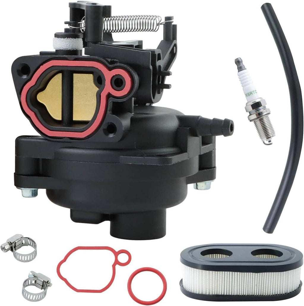 Black carburetor kit with red intake gasket, spark plug, hose, air filter, and O-rings