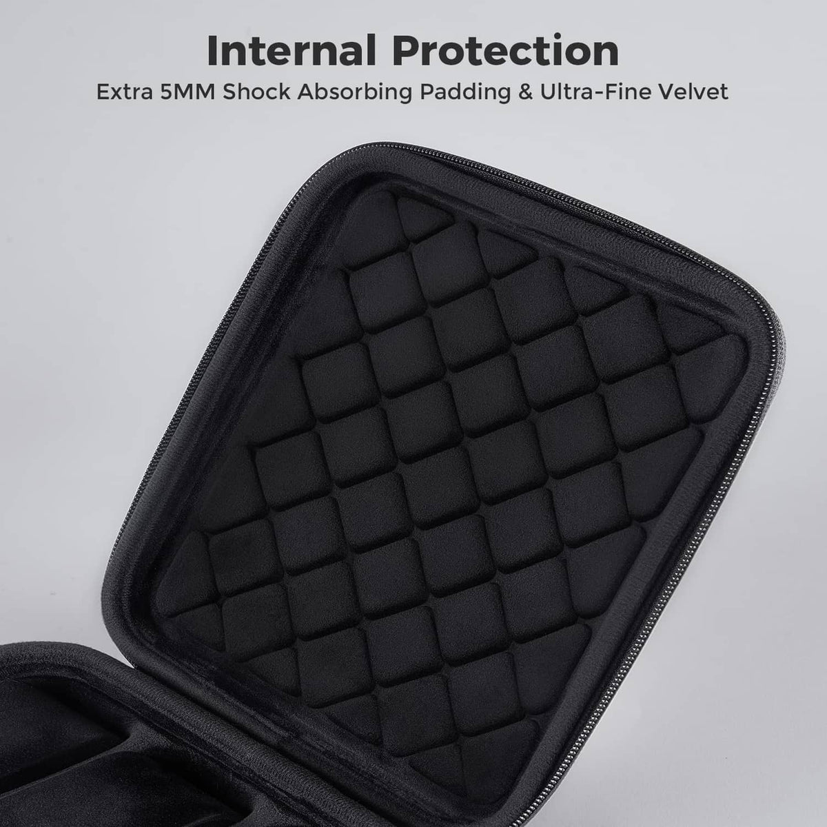 Black interior padded panel with grid pattern inside a hard-shell watch case
