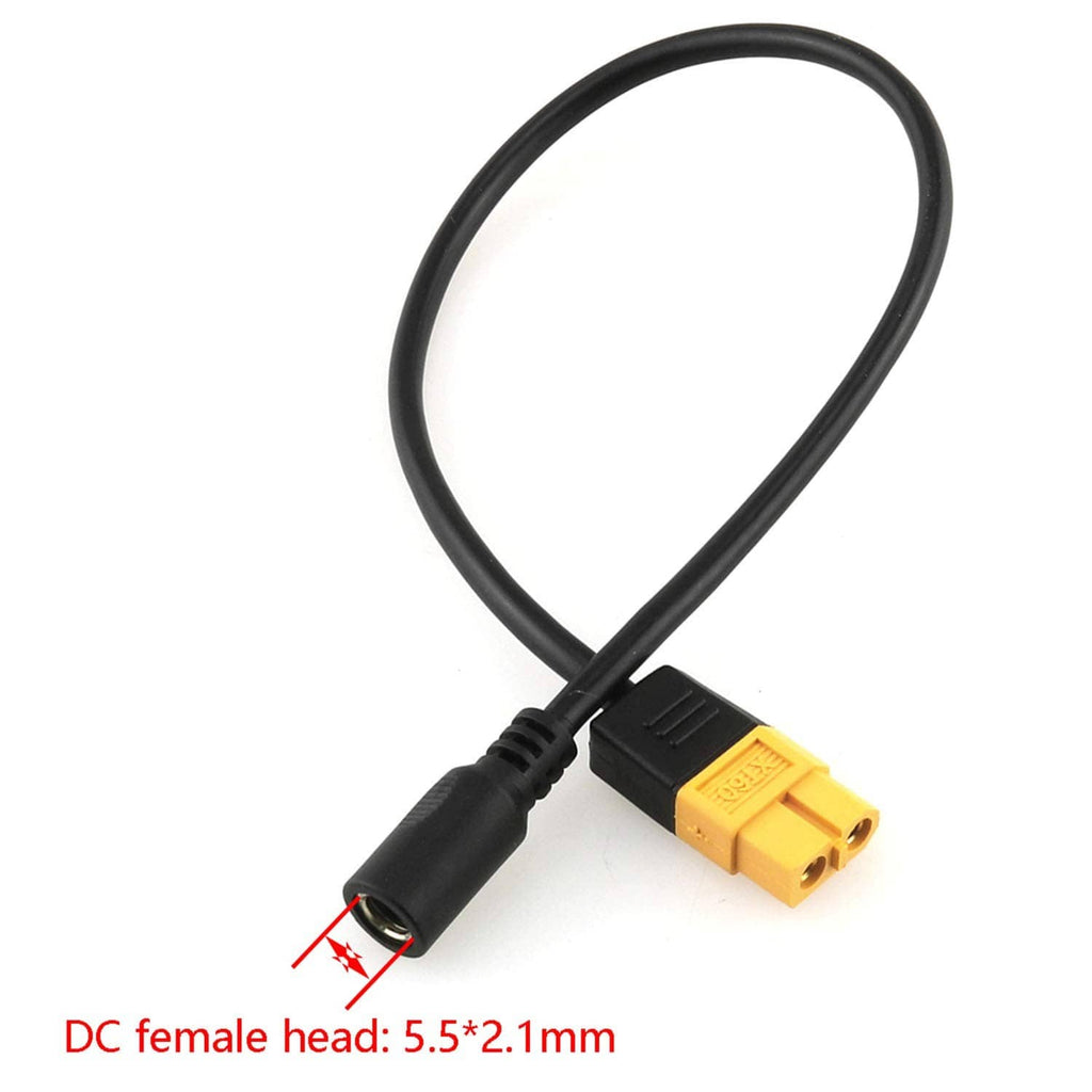XT60 female bullet to DC 5.5x2.1 female connector cable, black wire, gold end