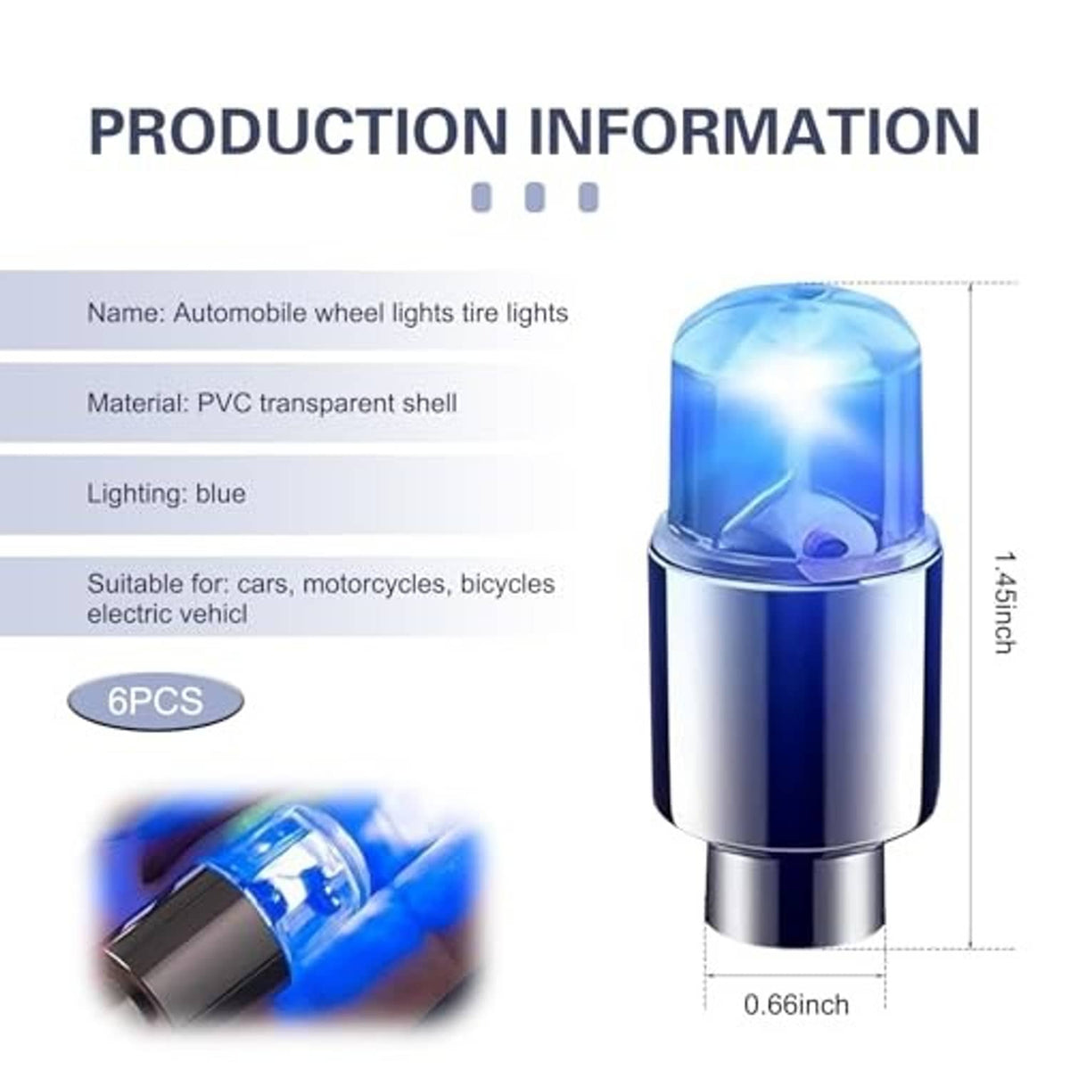 Blue glowing LED tire valve stem cap with chrome base and clear plastic light top