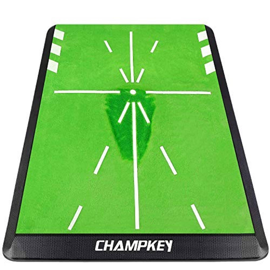 Green golf hitting mat with white alignment guide lines, rounded corners, and CHAMPKEY logo