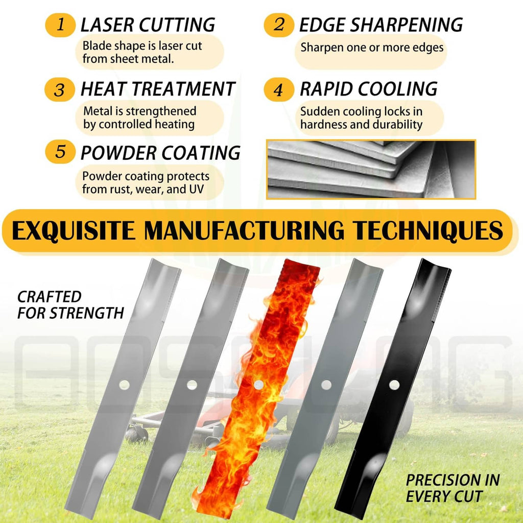 3 black steel Toro mower blades showing cutting edges and mounting holes