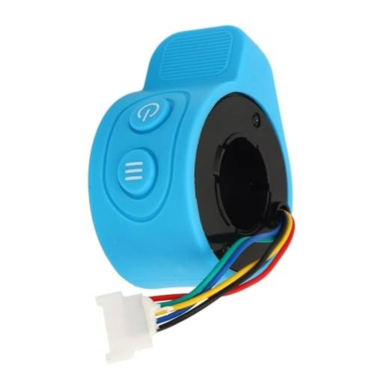 Blue throttle control housing with round black panel, button icons, multicolor wires