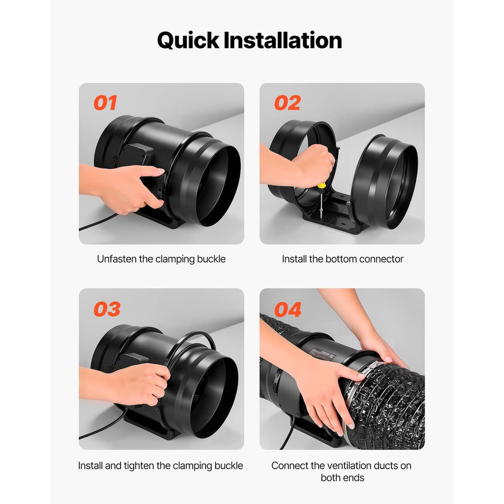 Inline duct fan setup steps showing connector and clamping buckle installation