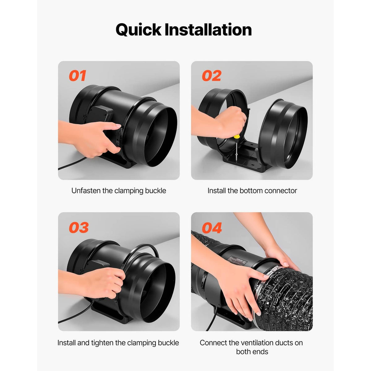 Inline duct fan setup steps showing connector and clamping buckle installation