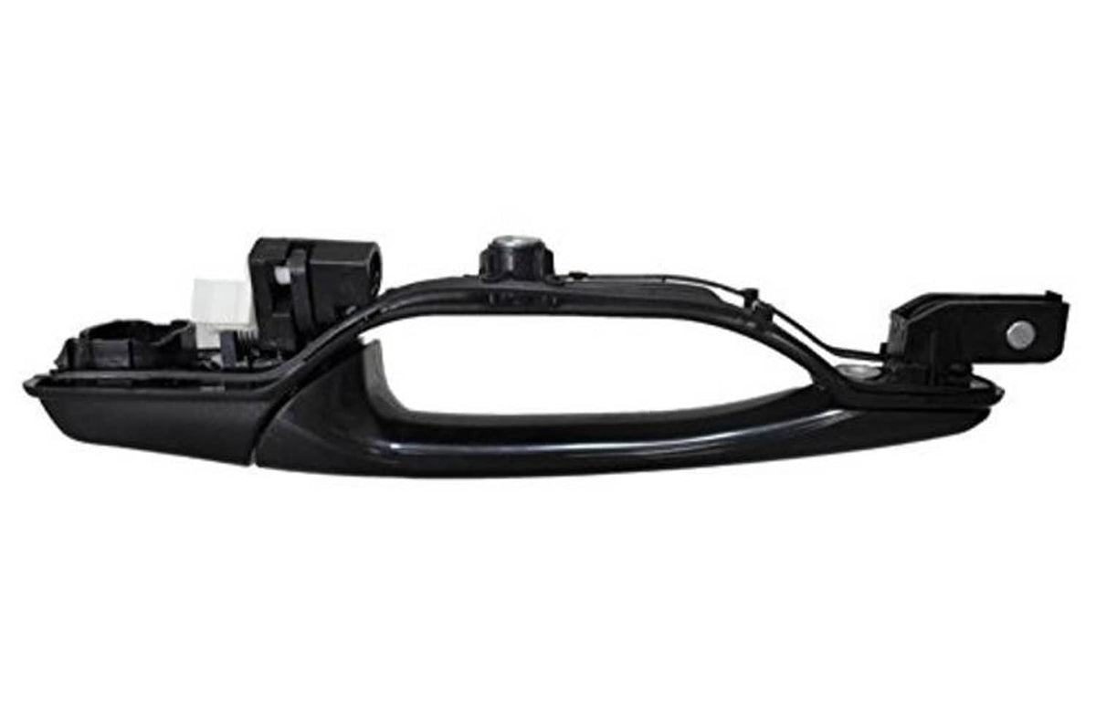 Black exterior door handle bracket with exposed hardware and mounting tabs