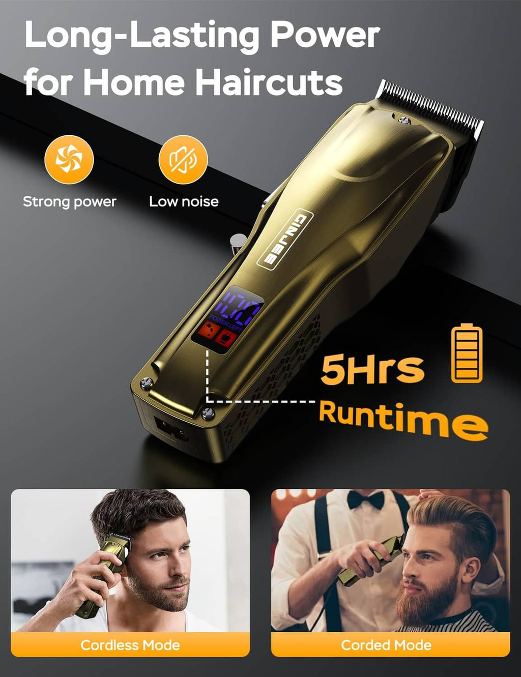 Gold cordless hair clipper with digital display, shown at a three-quarter angle