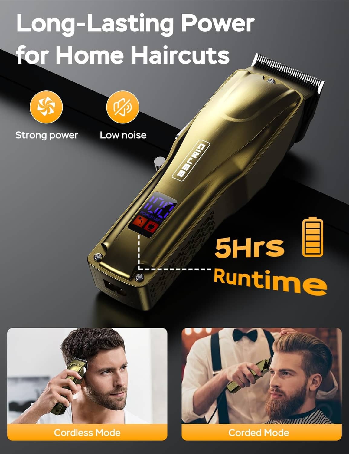 Gold cordless hair clipper with digital display, shown at a three-quarter angle
