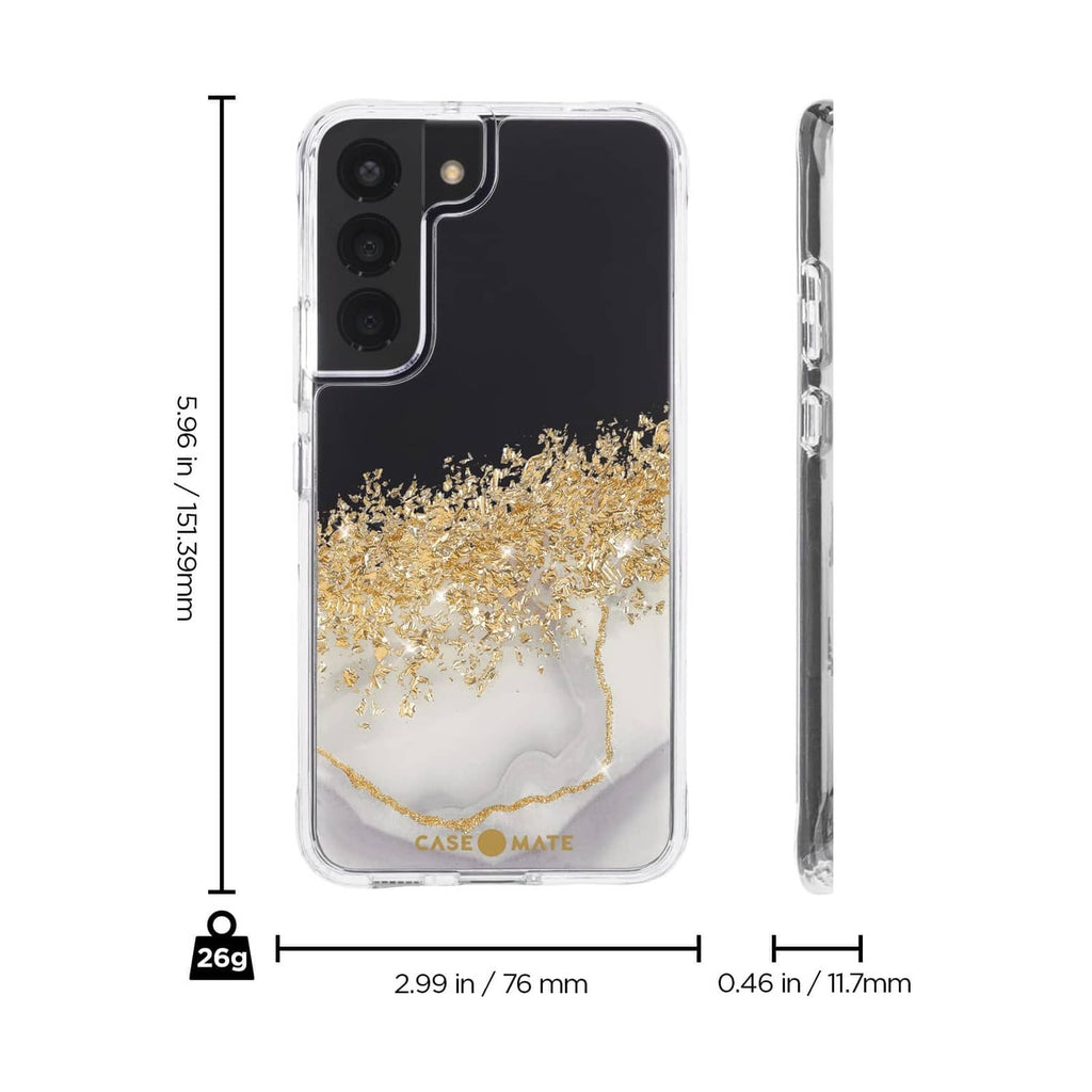 Transparent phone case with gold marble wave pattern and cutouts for Samsung Galaxy S22