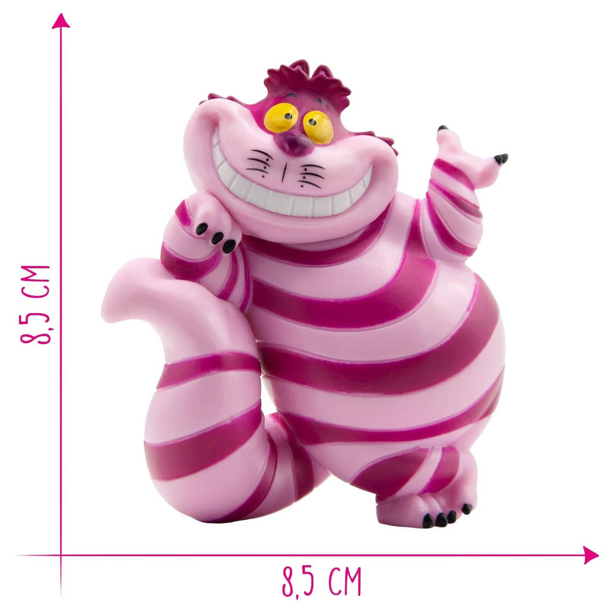 Cheshire Cat figurine, front view, pink-and-purple striped suit with smiling grin