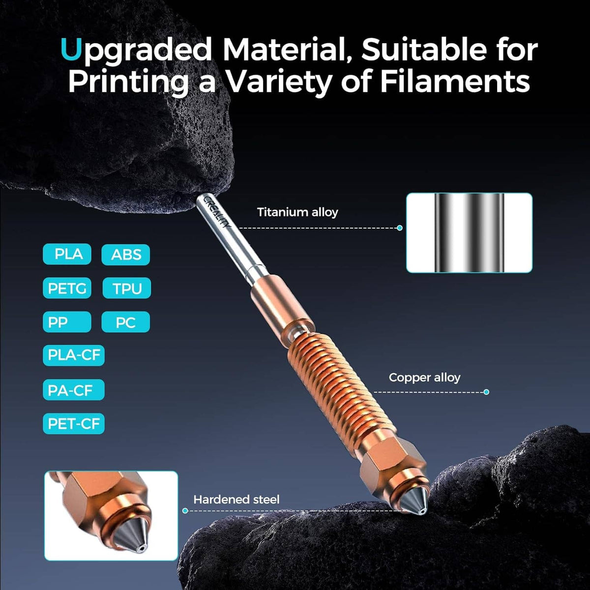 Ceramic hotend kit nozzle assembly with copper-toned heater and metal tip