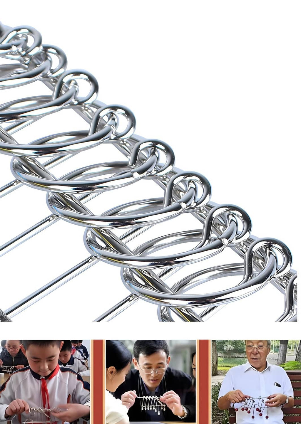 Chrome metal linked rings and looped wire bars with bead attachment rods, angled close-up