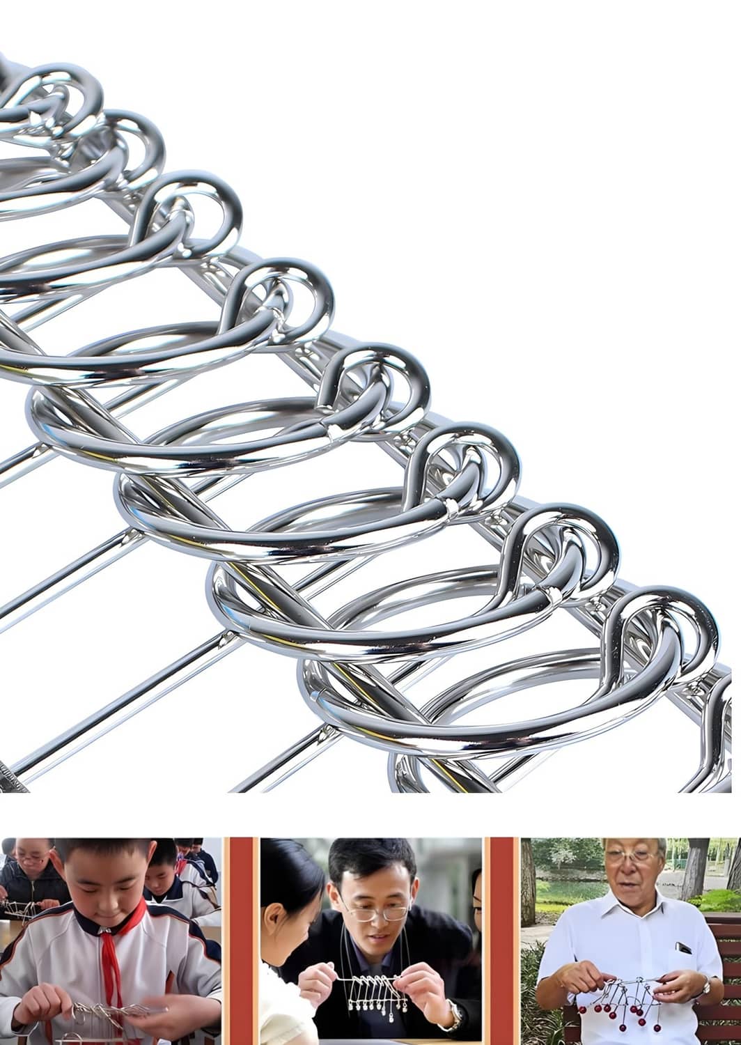 Chrome metal linked rings and looped wire bars with bead attachment rods, angled close-up