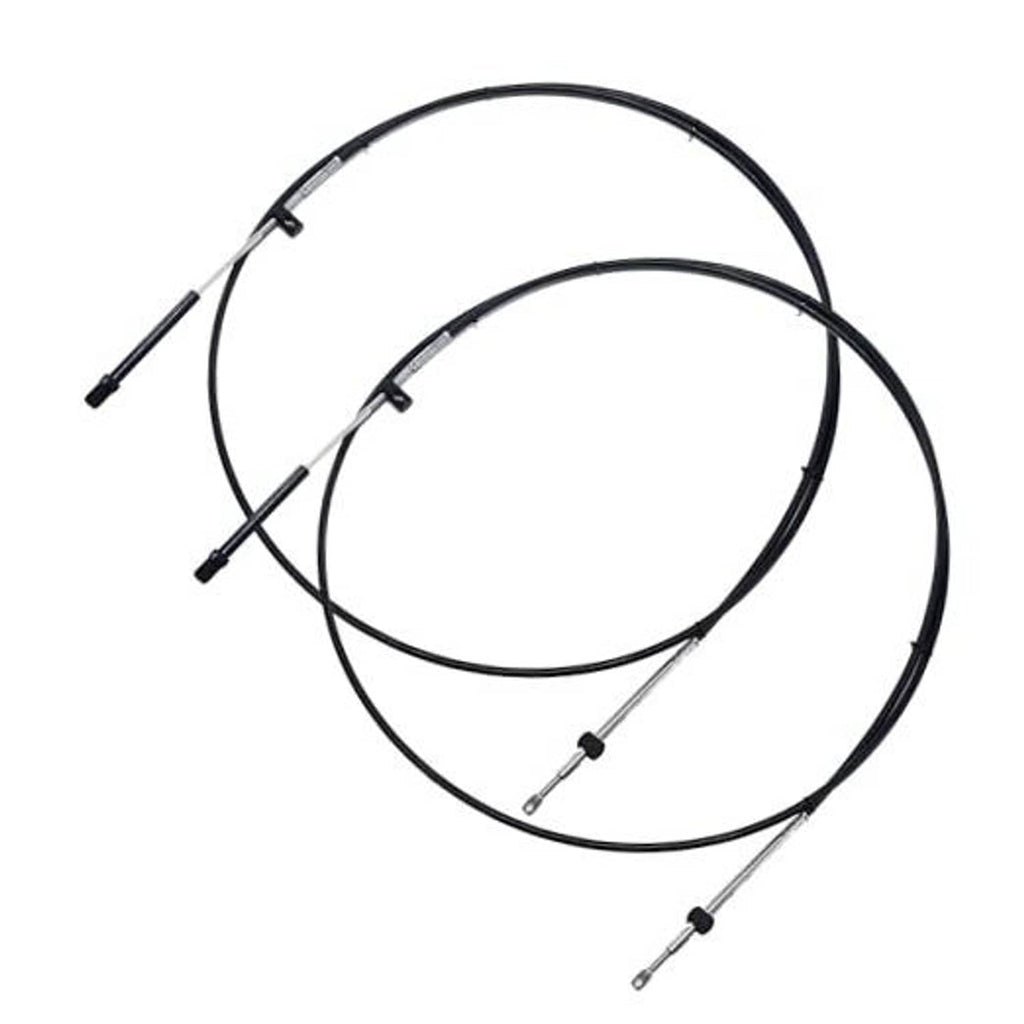 Boat throttle and shifter control cables, two black sheathed cables with metal end fittings
