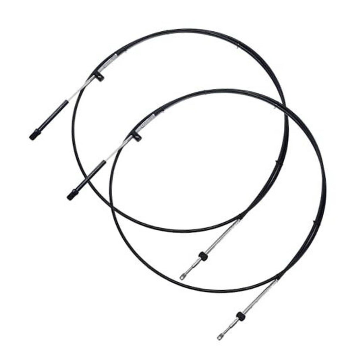 Boat throttle and shifter control cables, two black sheathed cables with metal end fittings