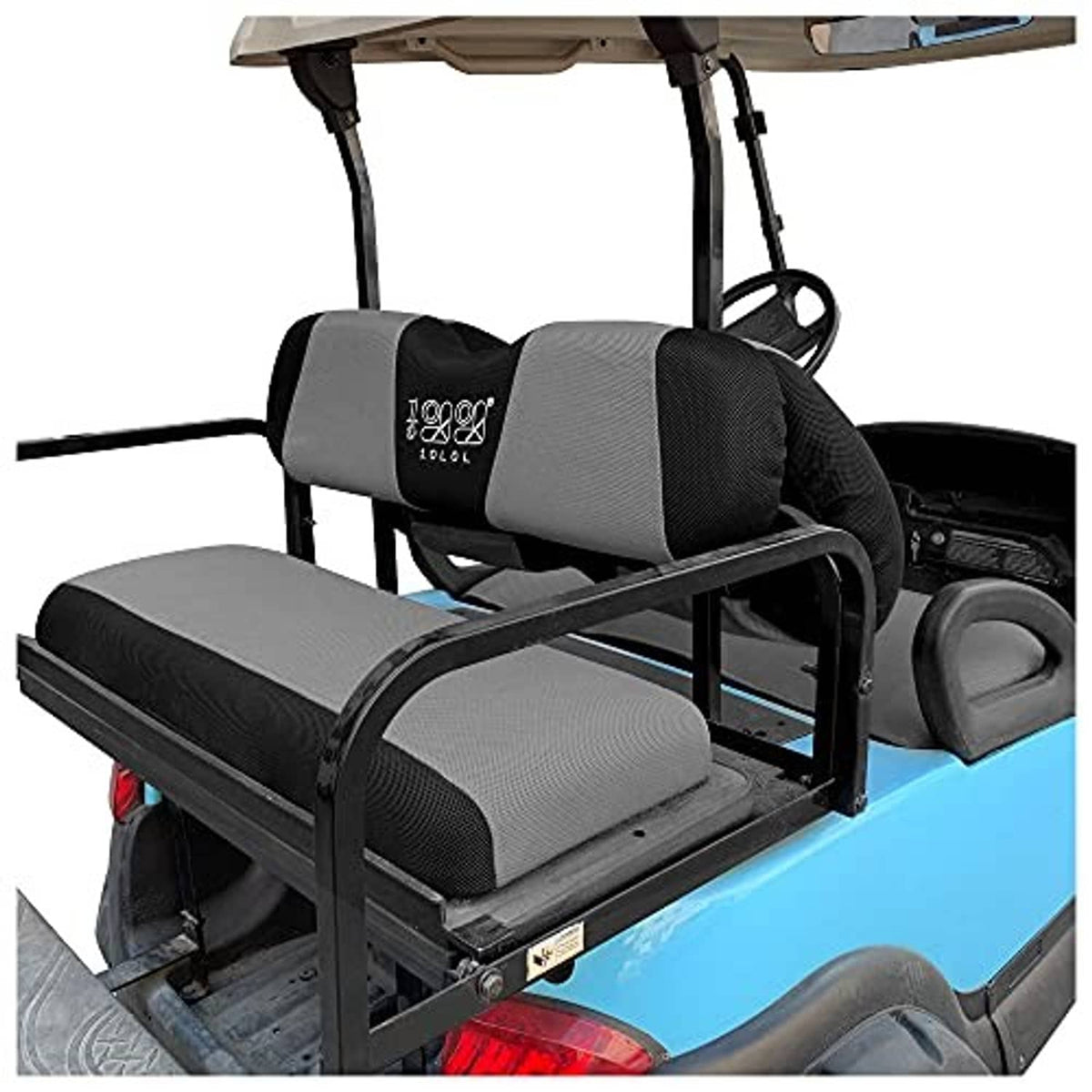 Grey and black golf cart seat covers with adjustable belts, front seat and backrest