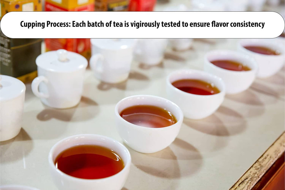 Green tea cups filled with amber tea on a serving tray