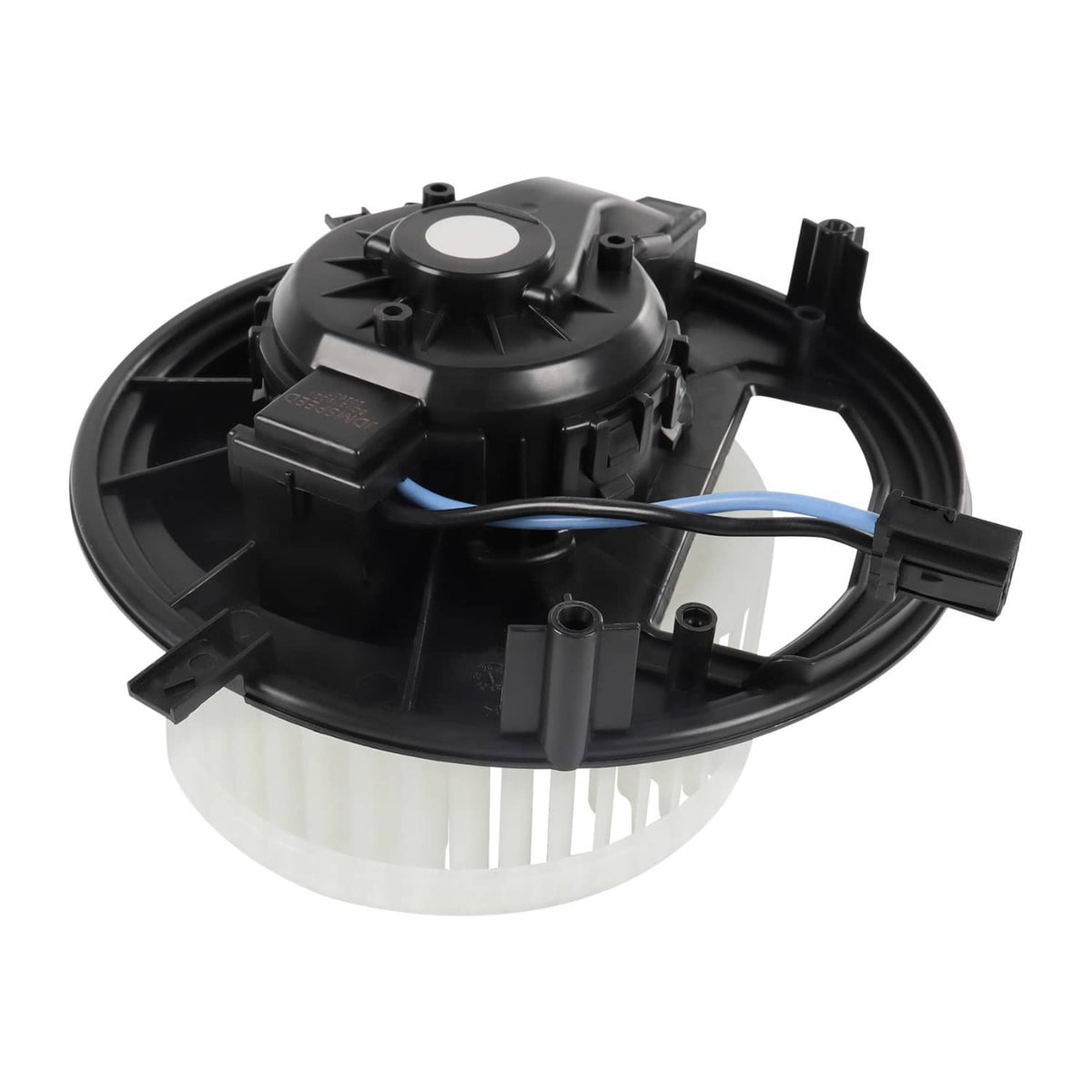 HVAC blower motor housing with wiring harness and white fan wheel, top view