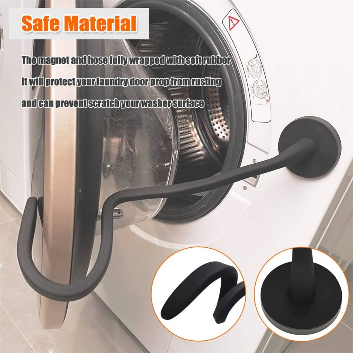 Black washer door prop with soft rubber-wrapped hose and round magnet base