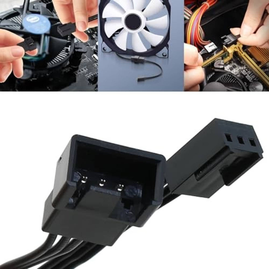Black PWM fan header connector with 4-pin plug and 3-pin output plug