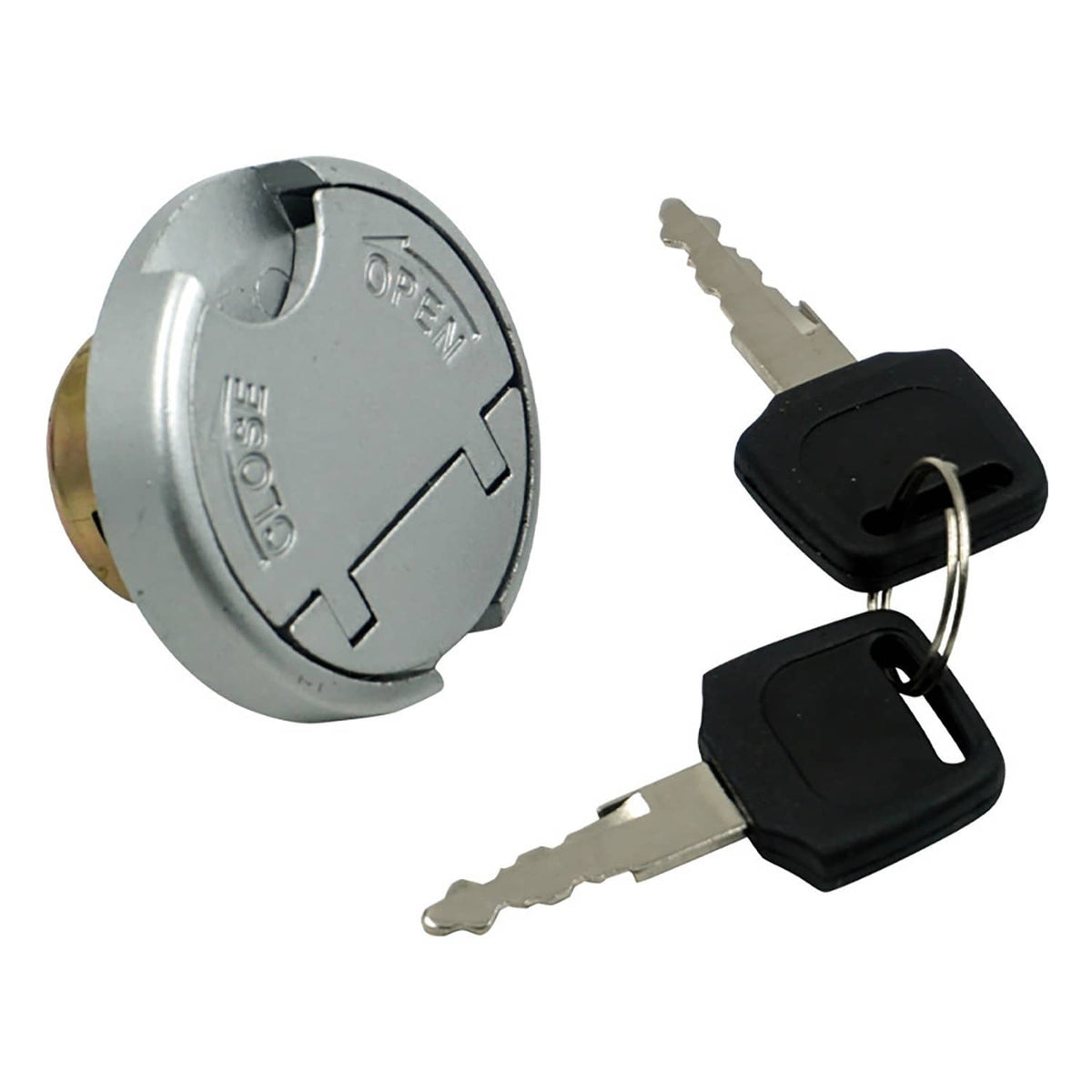 Gas tank lock cap with keys, silver metal cover and black plastic key head