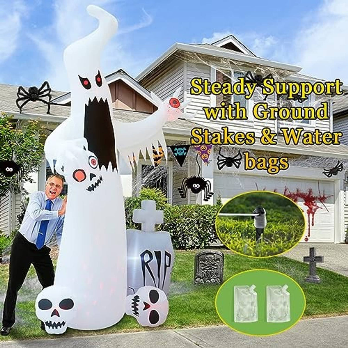 White and black Halloween ghost inflatable with red eyes, plus RIP tombstone and stakes kit