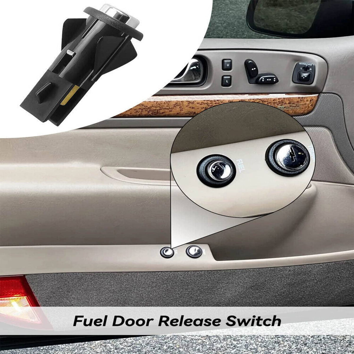 Fuel door release switch mounted on dashboard, chrome circular button