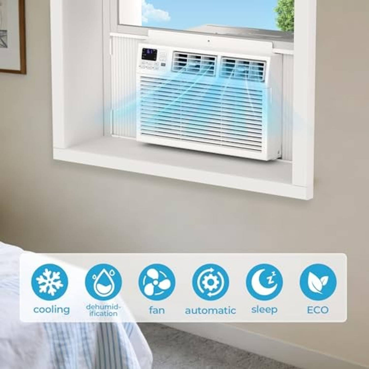 White window air conditioner installed in window opening with front grille and airflow