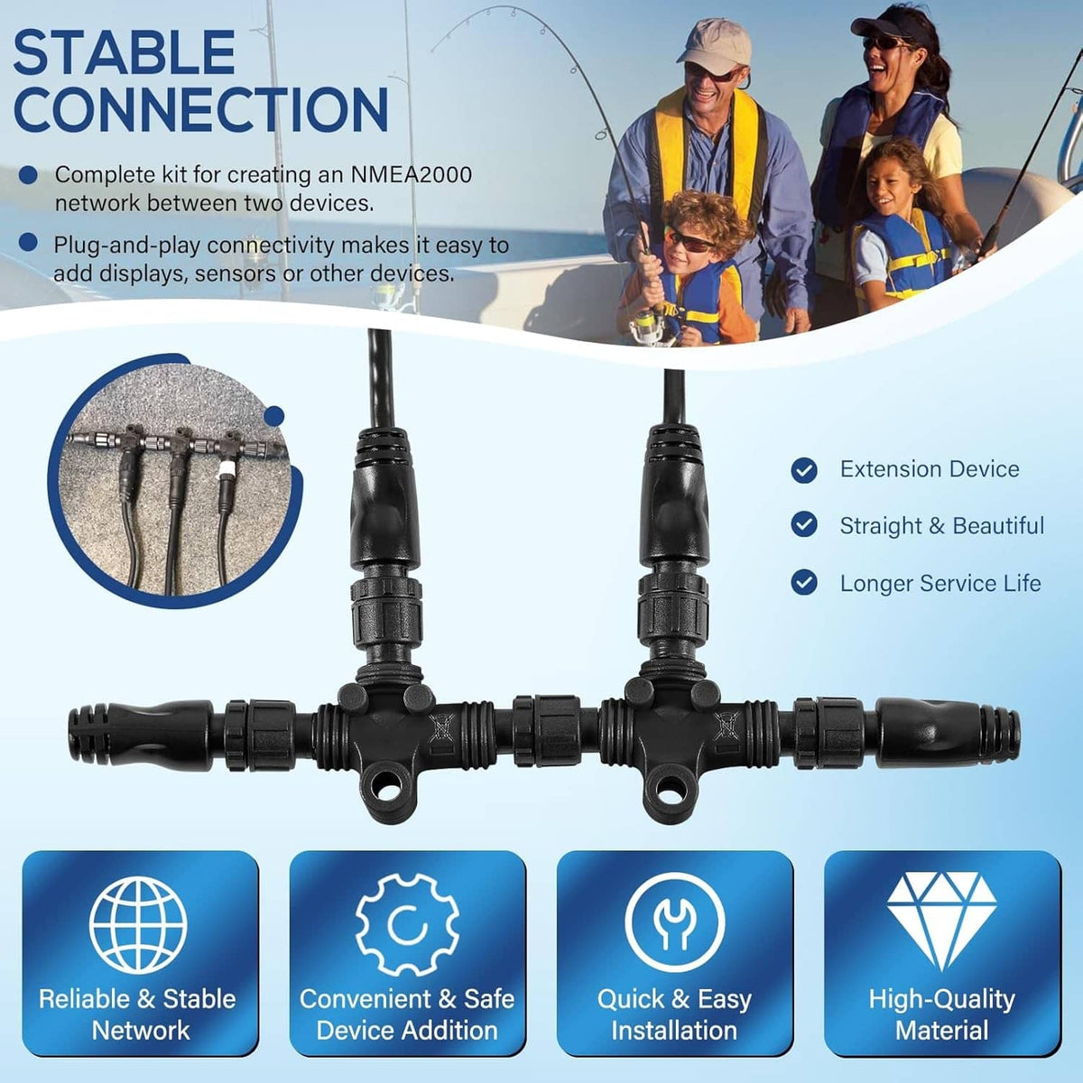 NMEA 2000 power node splitter with extension cables for stable multi-device connection