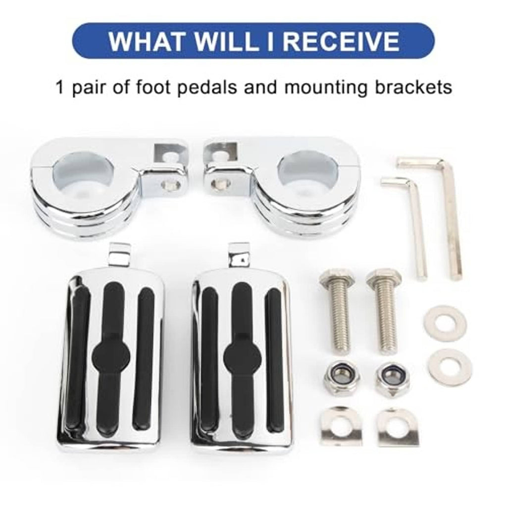 Set includes chrome foot pedals with black rubber inserts plus mounting hardware and bolts