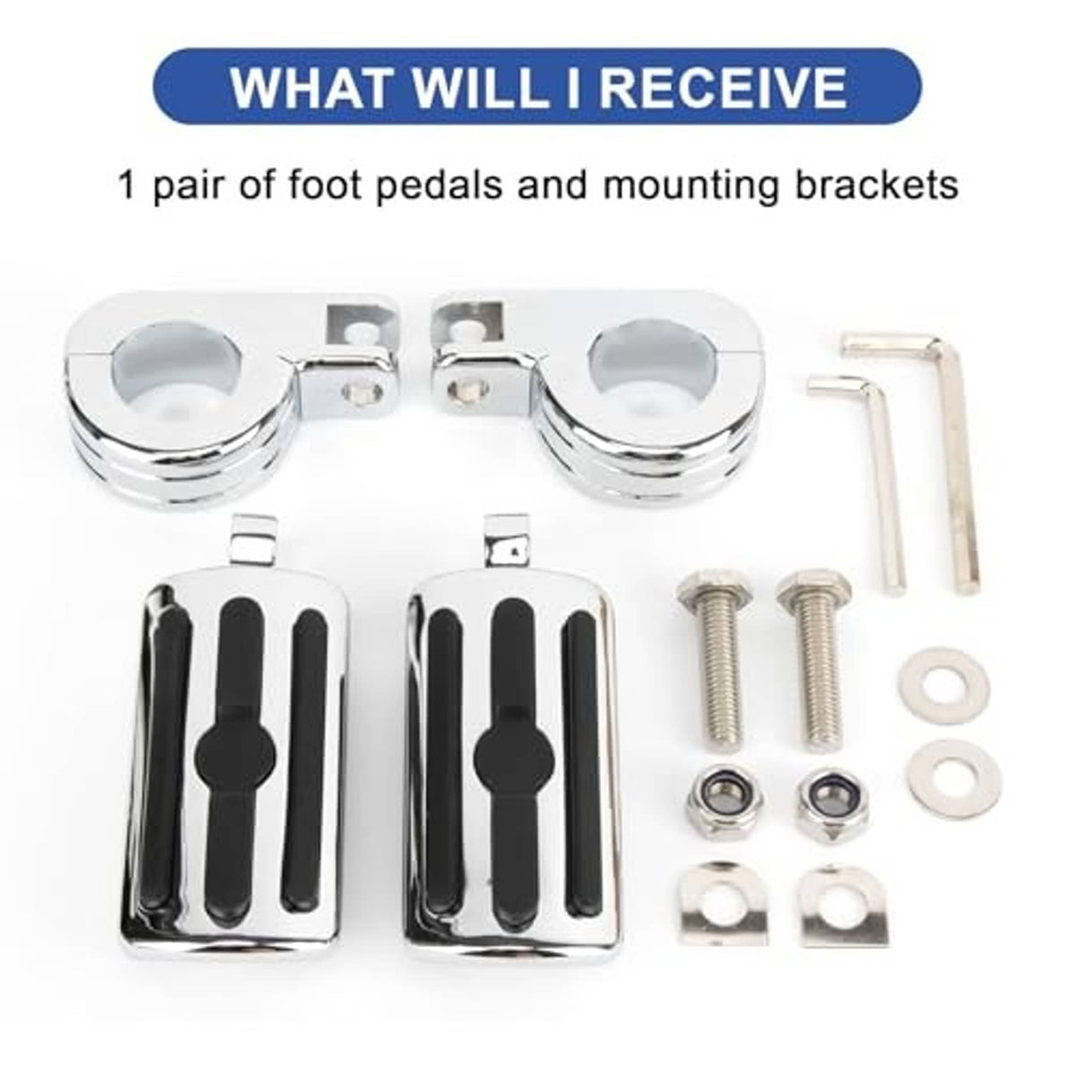 Set includes chrome foot pedals with black rubber inserts plus mounting hardware and bolts