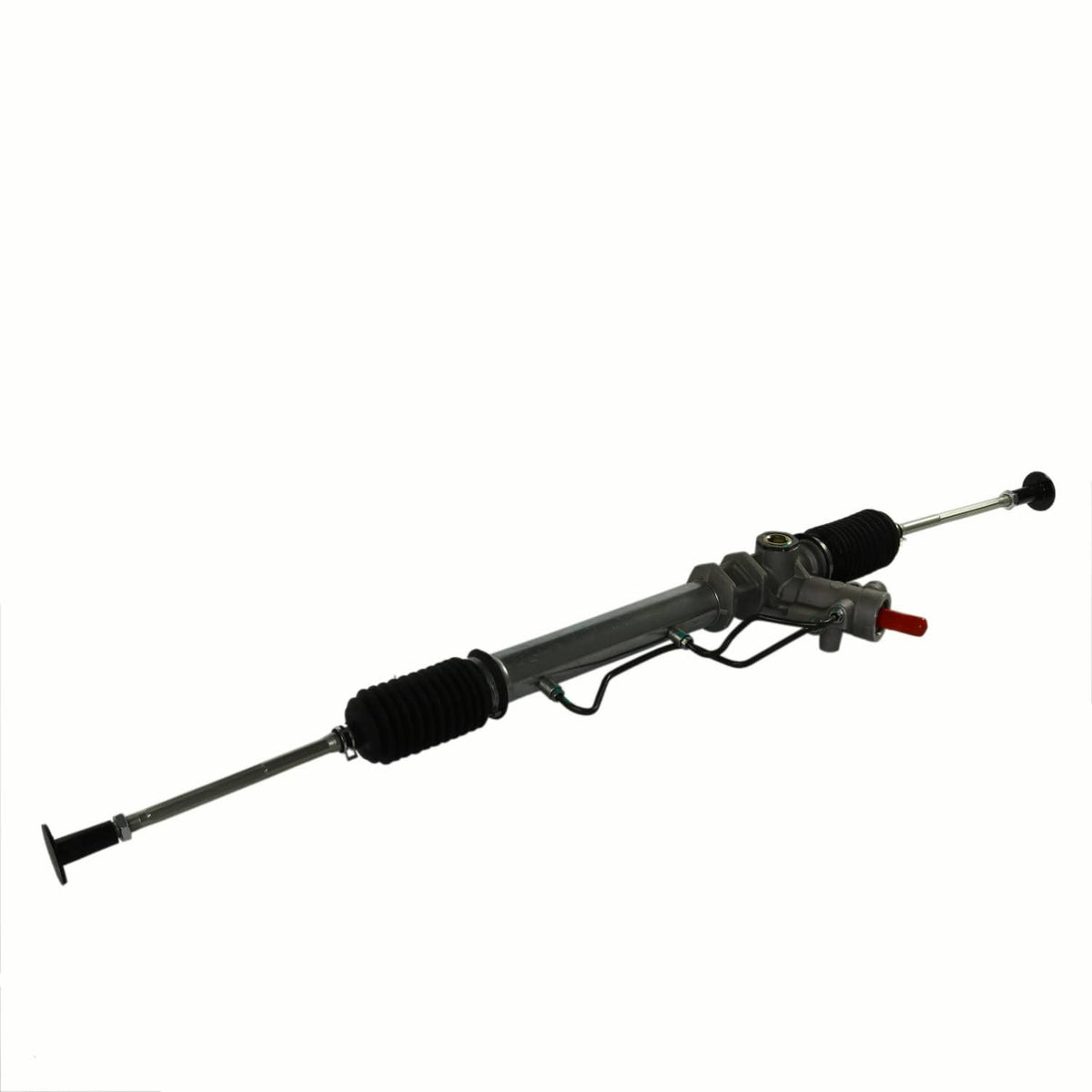 Power steering rack and pinion with black bellows and tie-rod ends on a gray bar