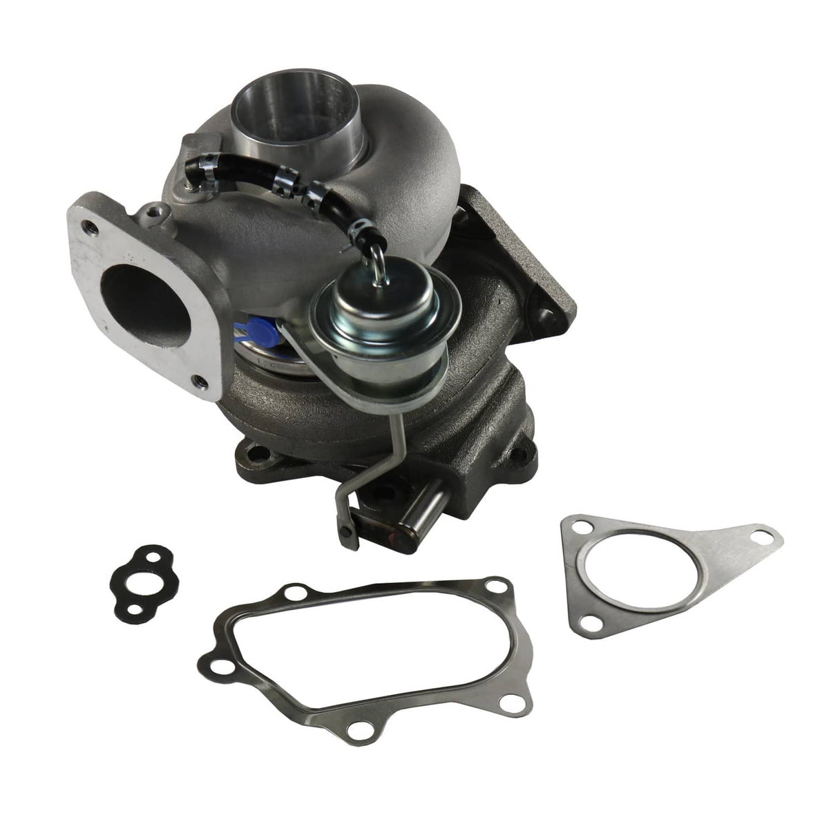 Turbocharger with metal housing, compressor inlet, and attached gaskets