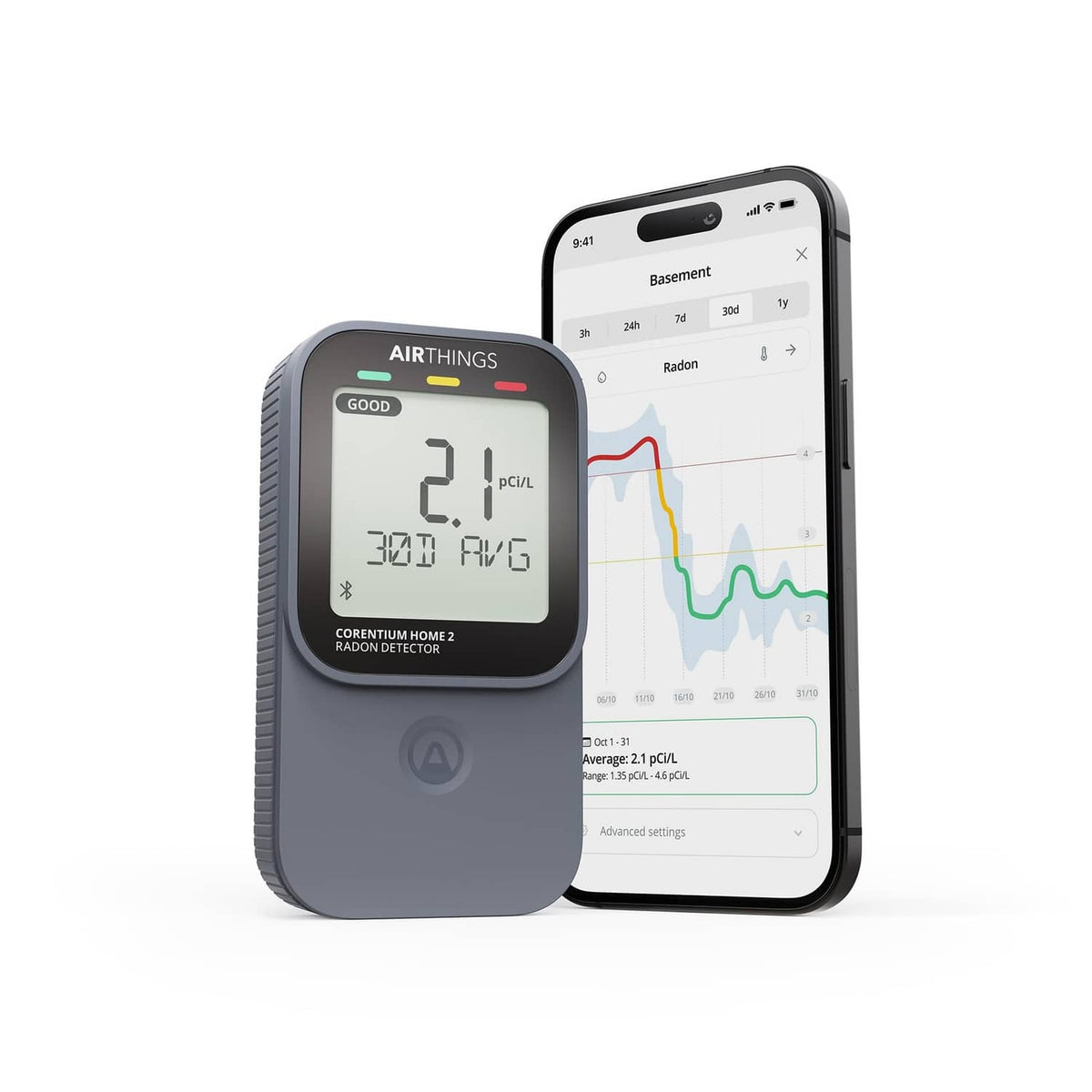 Black smart digital radon detector with front LCD showing radon levels
