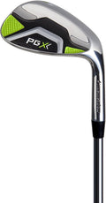 Right-hand steel wedge golf club with chrome head, black grip, and lime accents
