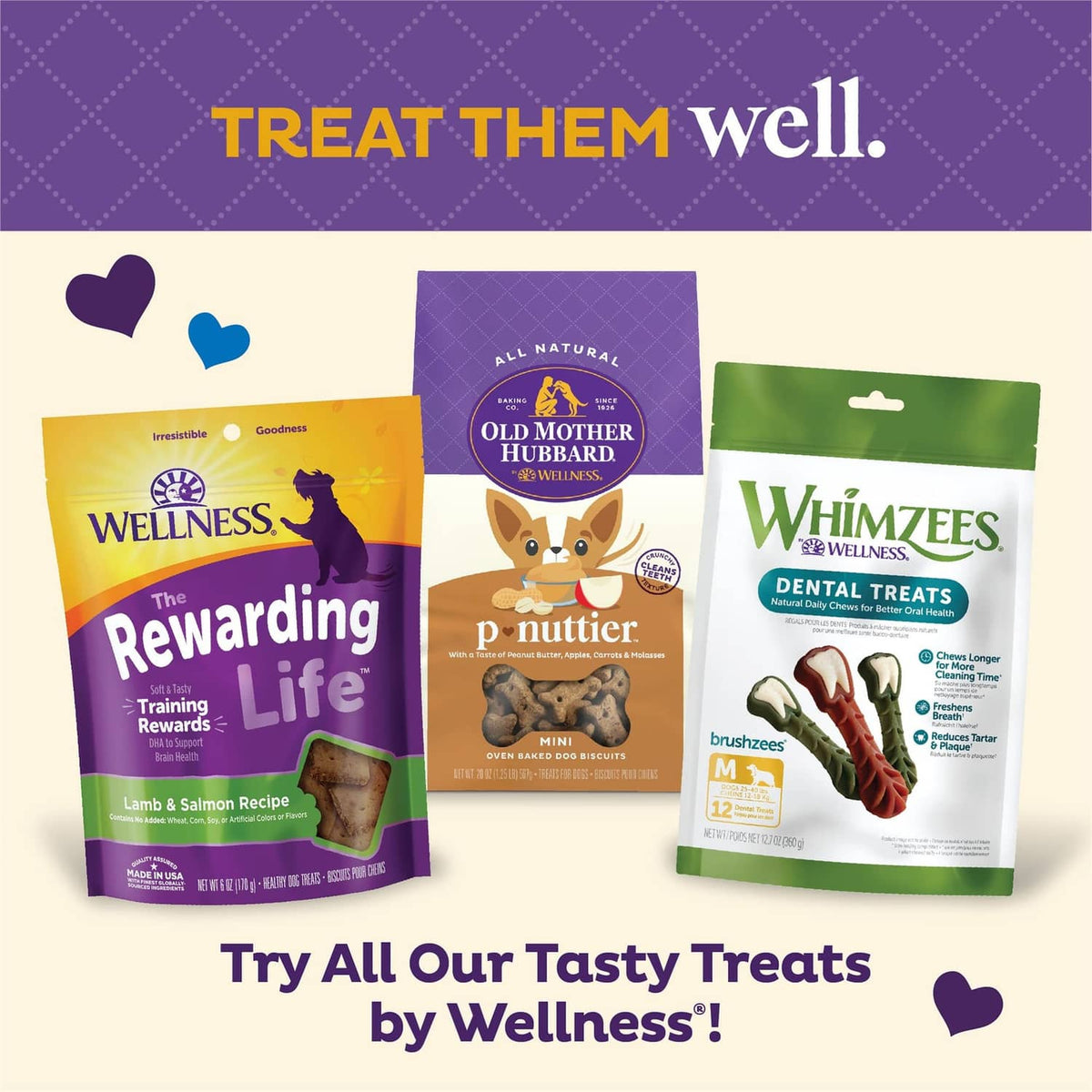Treat variety graphic with Old Mother Hubbard and Whimzees package options