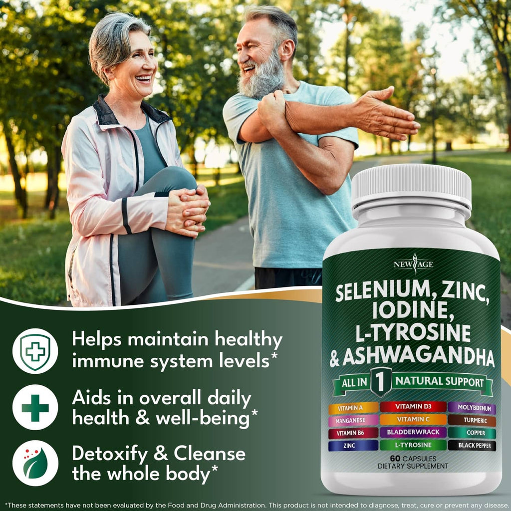 Selenium, zinc, iodine supplement bottle with green front label
