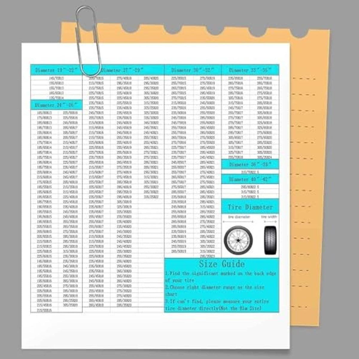 Tire cover size guide chart for selecting fit, 19–22 inch diameter range