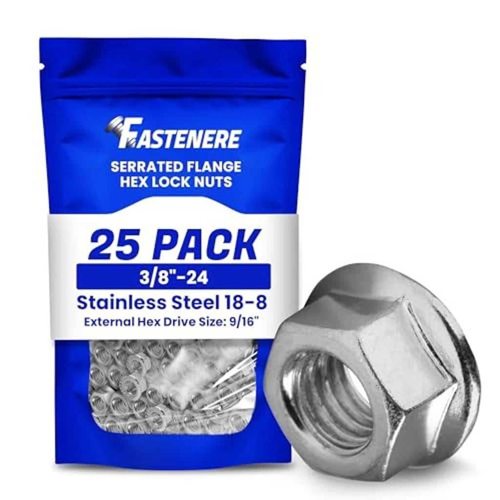 Stainless serrated flange hex lock nut set, 3/8-24 thread, 25-pack bag with loose nut