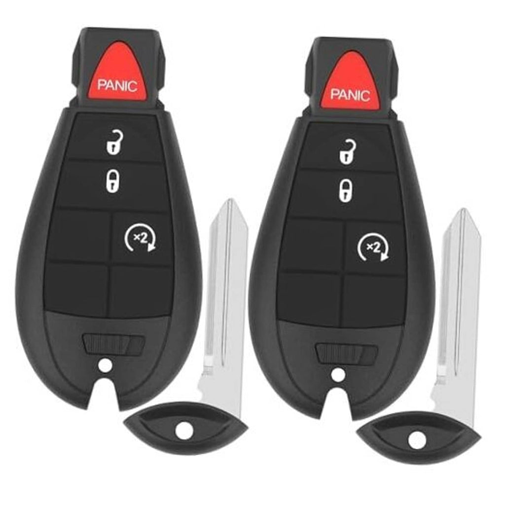 Pair of black key fob remotes with red PANIC button, lock, unlock, and x2 remote start