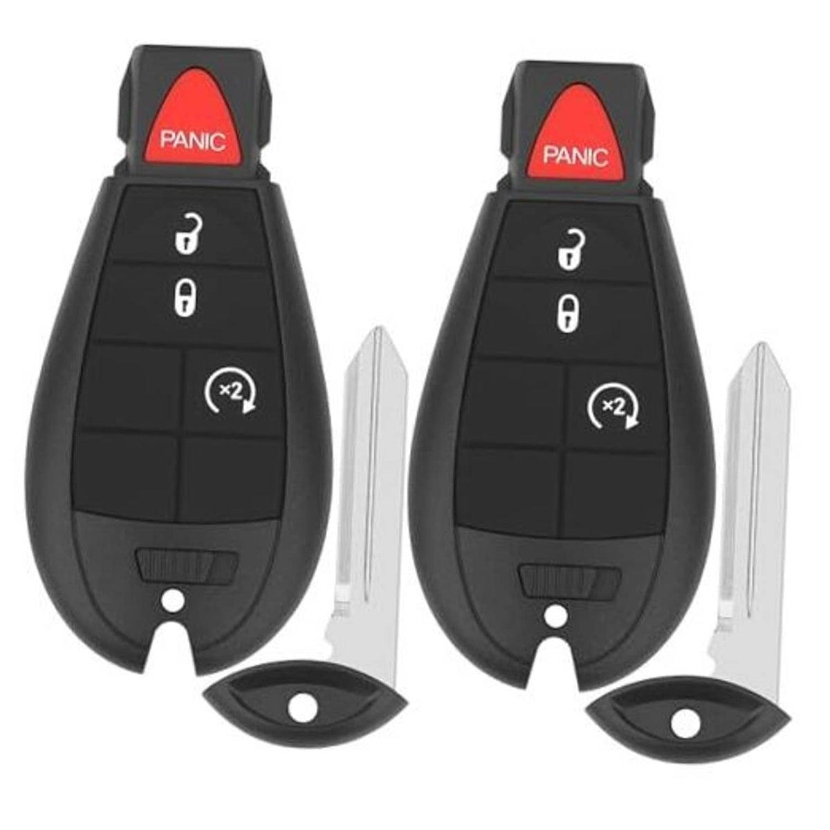 Pair of black key fob remotes with red PANIC button, lock, unlock, and x2 remote start