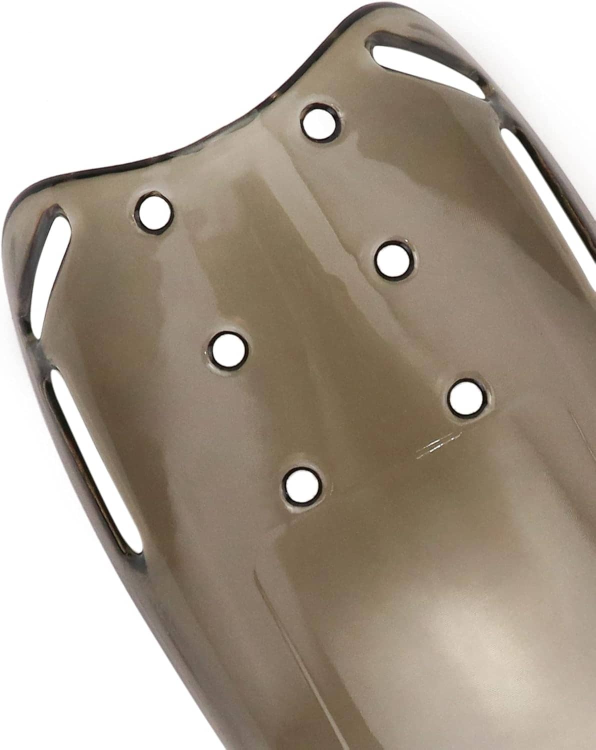 Close-up metatarsal guard plate with multiple ventilation holes and curved edges