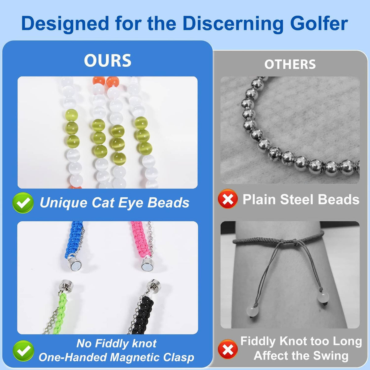 Stroke counter bracelet with cat-eye beads and one-handed magnetic clasp