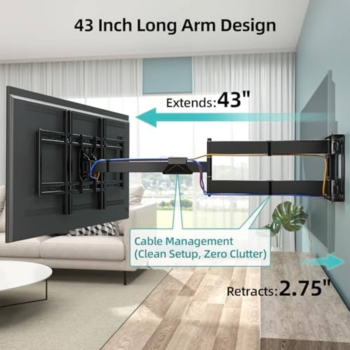 Extra long TV wall mount with long extending arm and retractable low-profile design.