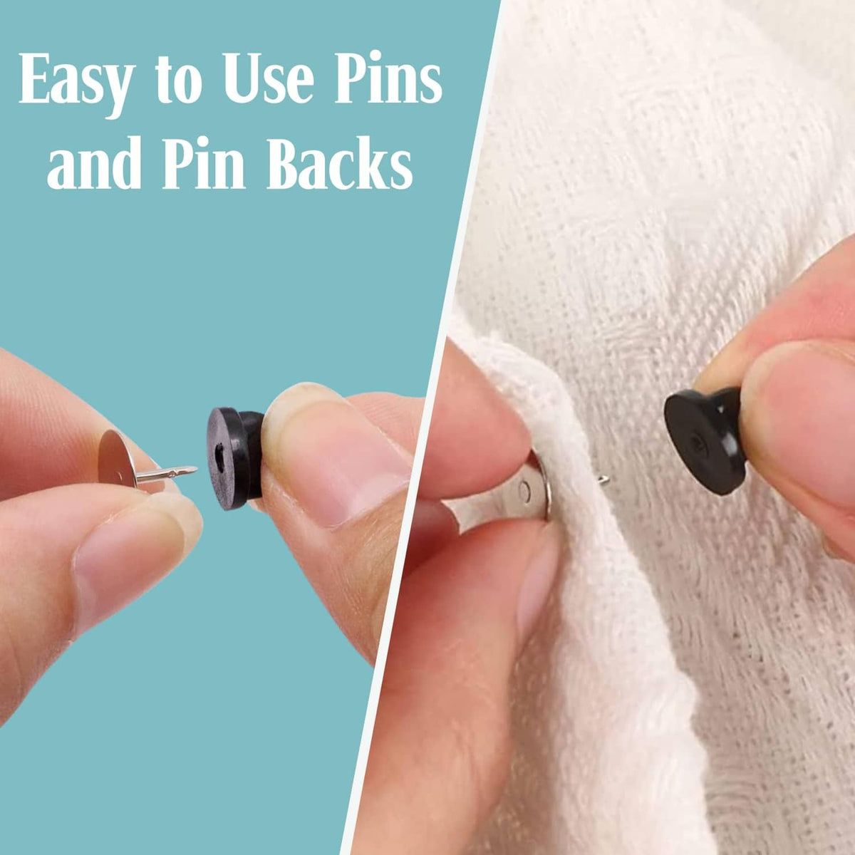 Hands inserting a tie tack pin into fabric using a black rubber clasp pin back