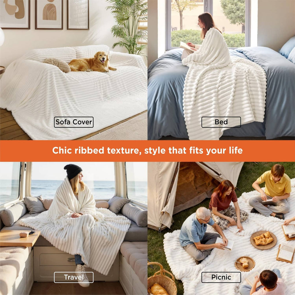 Off-white ribbed fleece blanket folded on a bed and laid over a sofa